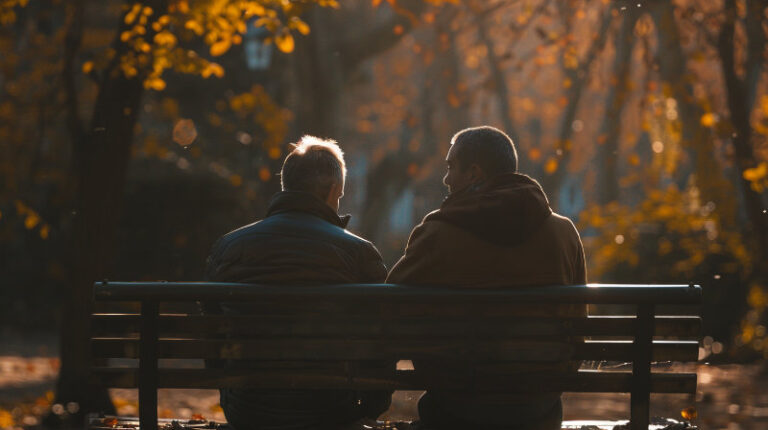 dwie postaci siedzące w ciszy symbolizujące zaufanie i obecność, bliskość bez słów