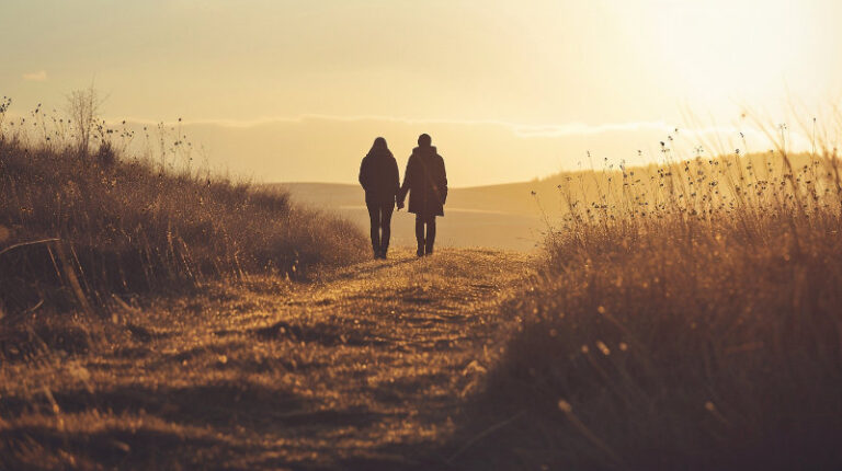 dwie postacie idące obok siebie w otwartej przestrzeni – symbol bliskości opartej na zaufaniu i wolności