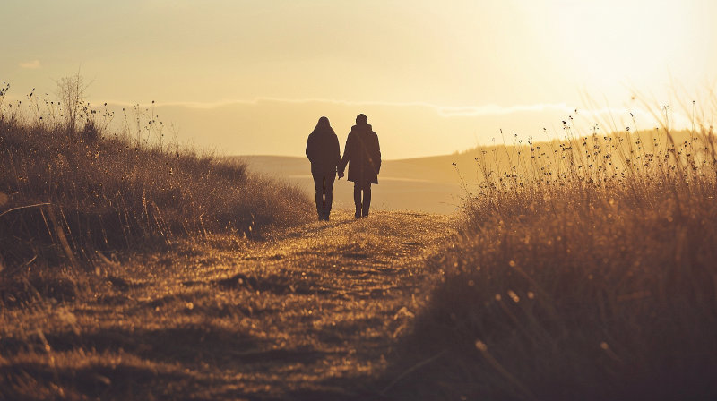 dwie postacie idące obok siebie w otwartej przestrzeni – symbol bliskości opartej na zaufaniu i wolności
