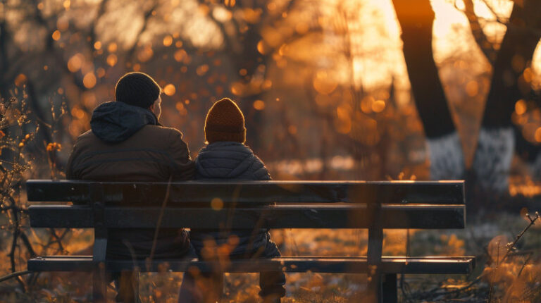 ojciec i syn siedzący w ciszy – symbol męskiej bliskości, zaufania i obecności, która buduje ojcostwo