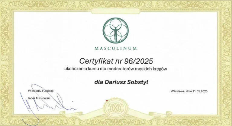 Certyfikat nr 96/2025 ukończenia kursu dla moderatorów męskich kręgów – Dariusz Sobstyl