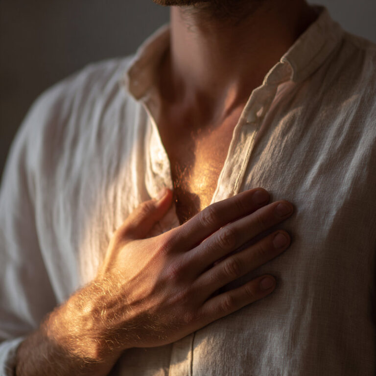 dłonie spoczywające na ciele w ciepłym świetle – symbol uważności, pamięci i obecności w sobie