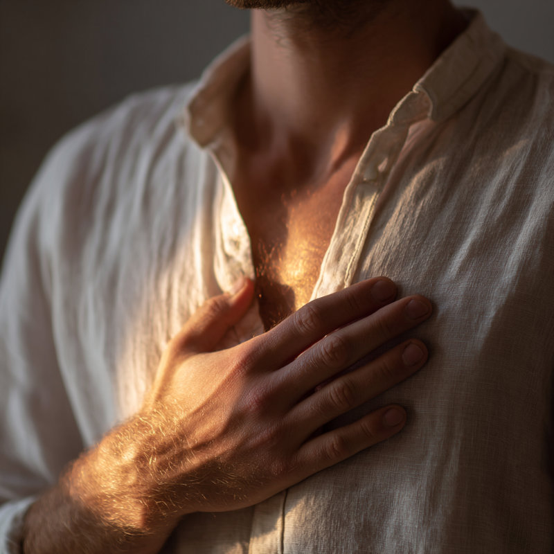 dłonie spoczywające na ciele w ciepłym świetle – symbol uważności, pamięci i obecności w sobie