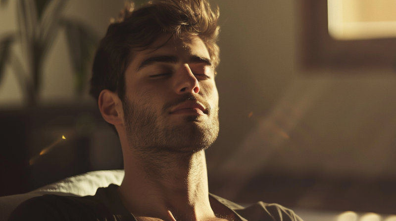 mężczyzna siedzący w ciszy, w porannym świetle – symbol spokoju, obecności i harmonii z chwilą