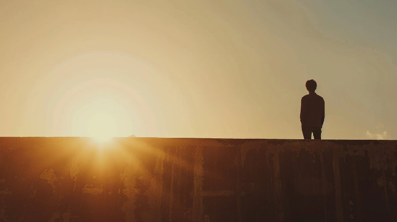 mężczyzna stojący na granicy światła i cienia – symbol równowagi, spokoju i dojrzałych granic, które chronią