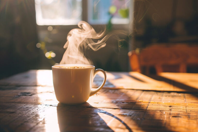 filiżanka kawy w porannym świetle symbolizująca ciszę, uważność i chwilę spokoju