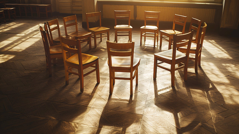 pusty krąg krzeseł w złotym świetle poranka – symbol wspólnoty, która trwa w ciszy i pamięci