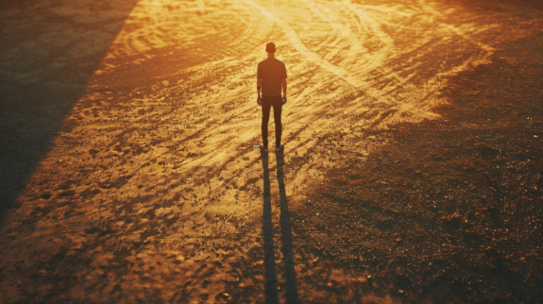 mężczyzna stojący w świetle zachodzącego słońca – symbol przemijania, dojrzałości i zaufania do rytmu czasu