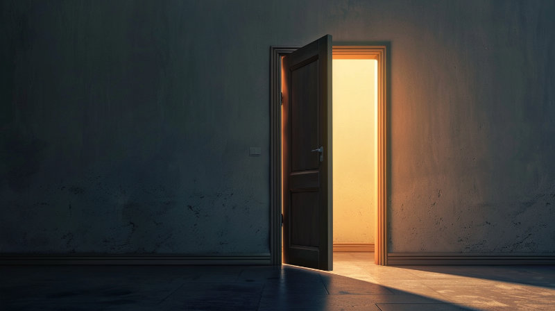 otwarte drzwi, przez które wpada ciepłe światło, symbol powrotu do siebie i wewnętrznego domu
