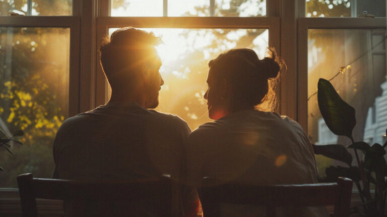 para siedząca obok siebie w ciszy w ciepłym świetle – symbol dojrzałej relacji, bliskości i miłości opartej na zaufaniu