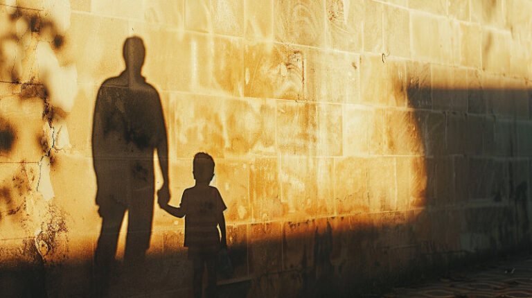 cień dorosłego i dziecka w ciepłym świetle – symbol pamięci, relacji i obecności ojca, którego potrzebowaliśmy