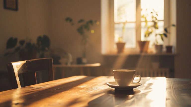 poranne światło wpadające do pokoju, symbol spokoju i uważności bez pośpiechu