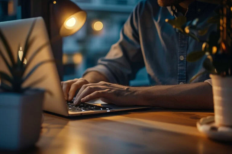 mężczyzna zamykający laptopa o zmierzchu – symbol równowagi między pracą a życiem