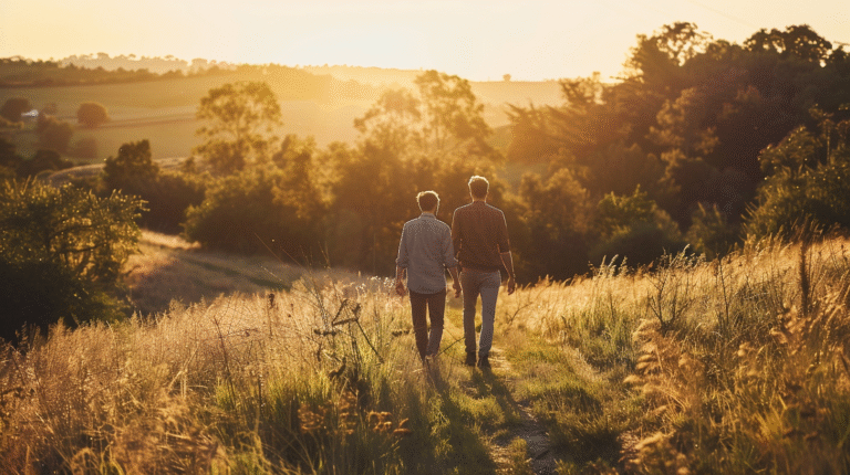 dwaj mężczyźni idący obok siebie w ciszy – symbol przyjaźni opartej na zaufaniu i spokoju bez rywalizacji