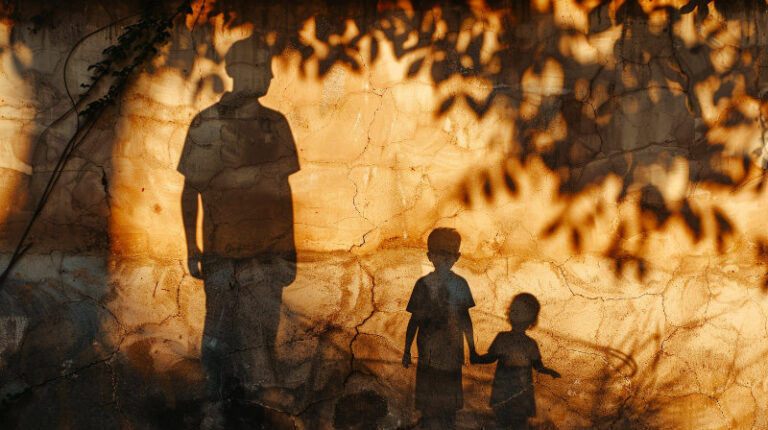 cień dorosłego i dziecka w ciepłym świetle – symbol pamięci, więzi i rzeczy, które zostają po ojcu