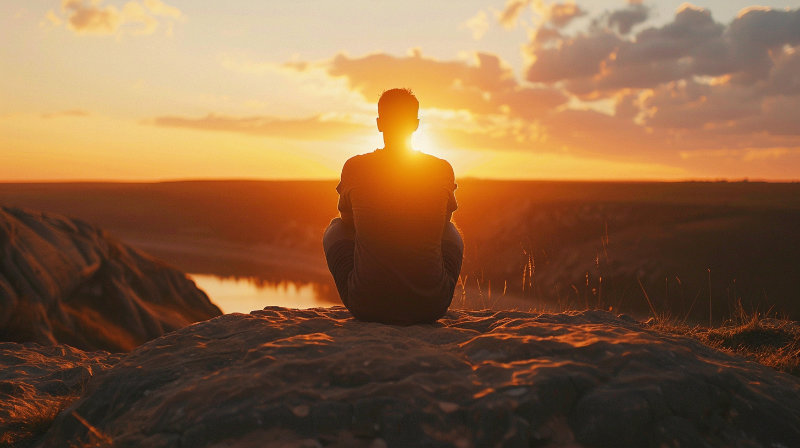 mężczyzna siedzący samotnie i patrzący w horyzont – symbol spokojnej samotności i akceptacji siebie