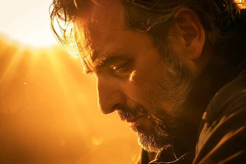 portret mężczyzny w ciepłym świetle z pochyloną głową – symbol odwagi, autentyczności i siły, która nie boi się słabości