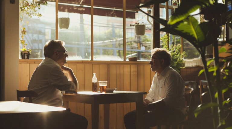 dwaj mężczyźni rozmawiający w ciszy – symbol rozmowy, która łączy i buduje most między ludźmi
