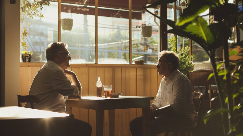 dwaj mężczyźni rozmawiający w ciszy – symbol rozmowy, która łączy i buduje most między ludźmi