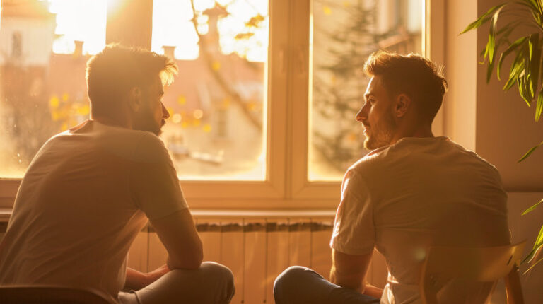 dwóch mężczyzn siedzących naprzeciw siebie w ciepłym świetle – symbol uważnego słuchania, obecności i zrozumienia