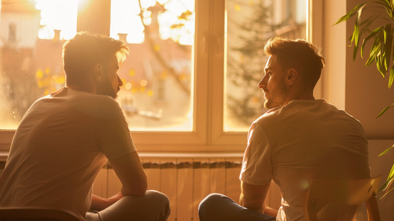 dwóch mężczyzn siedzących naprzeciw siebie w ciepłym świetle – symbol uważnego słuchania, obecności i zrozumienia