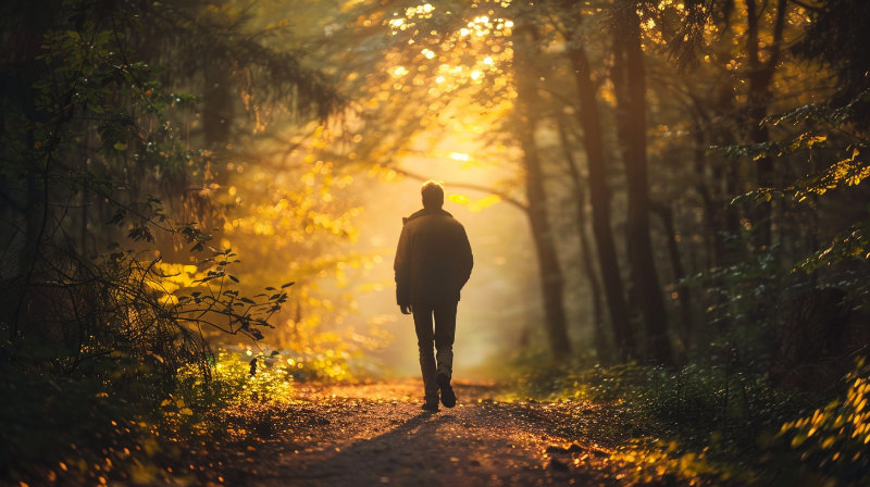 mężczyzna idący leśną drogą o zmierzchu – symbol spokoju, prostoty i bycia w drodze