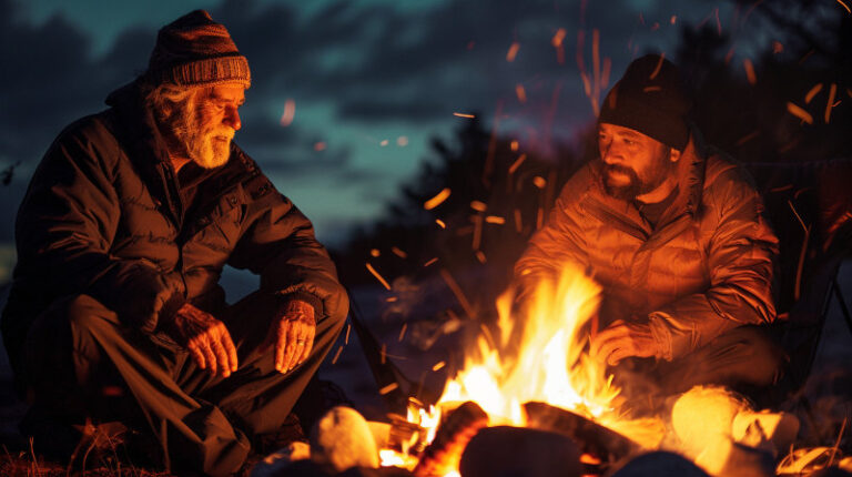 ojciec w wieku 60 lat i dorosły syn przy ognisku – symbol męskiej więzi, dojrzałej bliskości i wspólnej ciszy pełnej zrozumienia