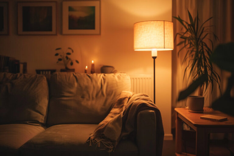 ciepłe światło lampy w wieczornym wnętrzu symbolizujące spokój, ciszę i odpoczynek bez ekranów