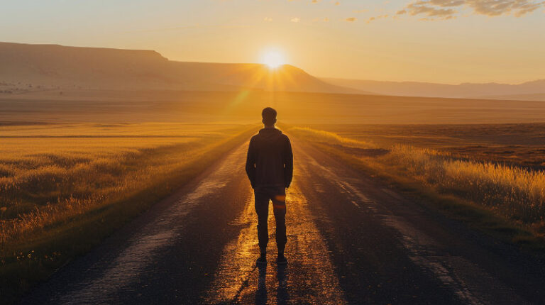 mężczyzna stojący na otwartej drodze o zachodzie słońca – symbol wolności, dojrzałości i świadomego wyboru bez ucieczki
