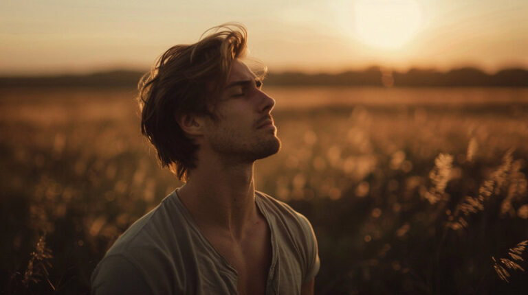 mężczyzna z zamkniętymi oczami stojący na wietrze – symbol spokoju, wolności i zaufania do procesu życia