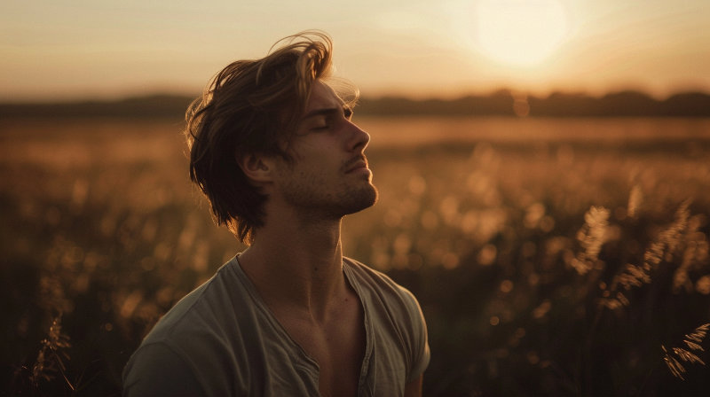 mężczyzna z zamkniętymi oczami stojący na wietrze – symbol spokoju, wolności i zaufania do procesu życia