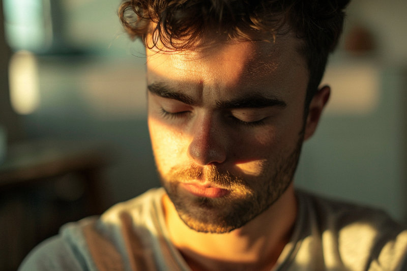 mężczyzna siedzący w ciszy po dniu pracy – symbol zmęczenia, które przynosi spokój i prawdę