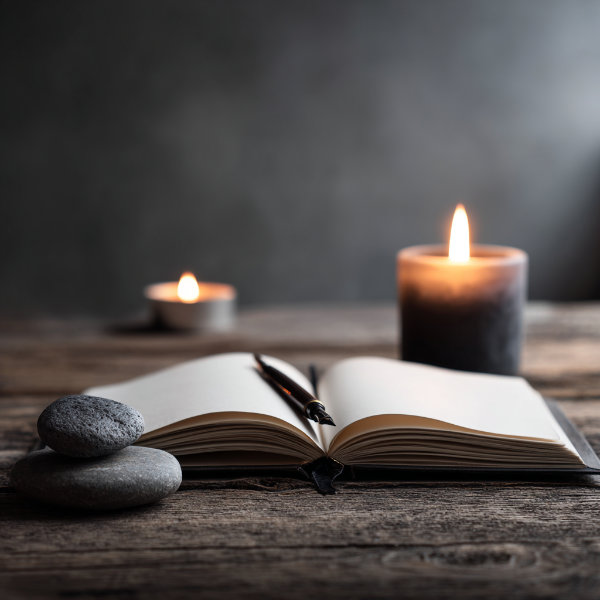 Otwarty notes i pióro na drewnianym stole, kamienie i świeca w tle.