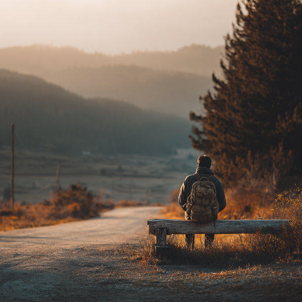 Mężczyzna w podróży bez pośpiechu, siedzący samotnie na ławce przy drodze, symbol świadomego podróżowania ze sobą i obecności.