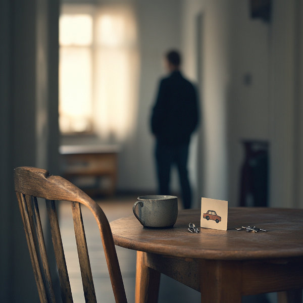Półpusty stół z kubkiem, kluczami i dziecięcym rysunkiem, w tle samotny mężczyzna w mieszkaniu po rozwodzie