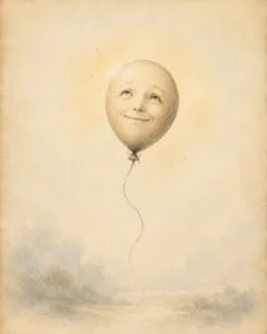 Radość – pogodny balon przypominający ludzką twarz, ilustracja Męskiego Słownika Emocji