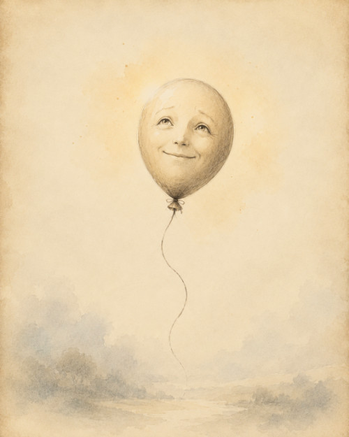 Radość – pogodny balon przypominający ludzką twarz, ilustracja Męskiego Słownika Emocji