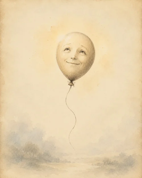 Radość – pogodny balon przypominający ludzką twarz, ilustracja Męskiego Słownika Emocji
