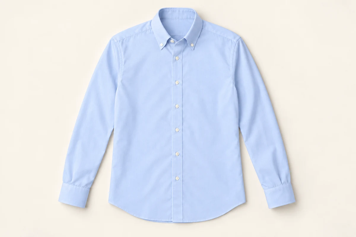 Jasnoniebieska koszula męska button-down na kremowym tle
