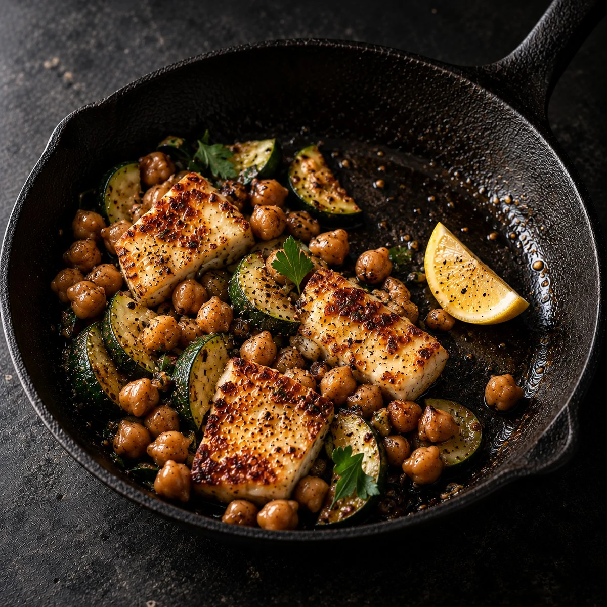 Halloumi z ciecierzycą i cukinią przygotowane na jednej patelni