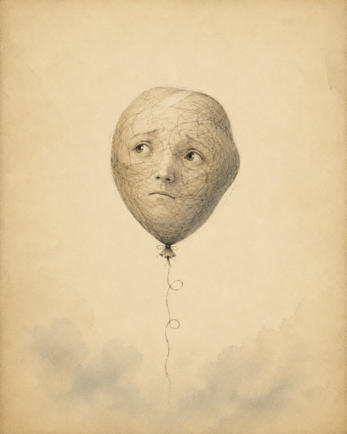 Ilustracja hasła „Chaos w głowie” – głowa przypominająca balon, opleciona gęstą siecią linii symbolizujących natłok myśli.