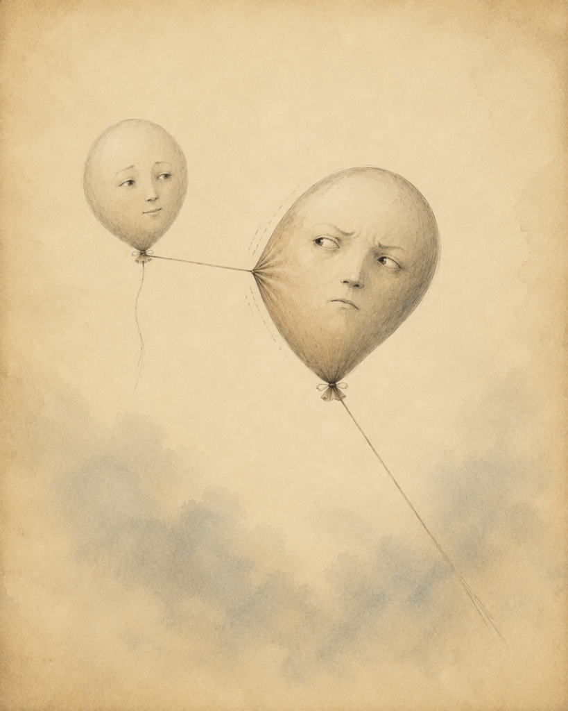Dwa balony z twarzami połączone napiętą linką; większy balon odsuwa się od mniejszego na beżowym tle