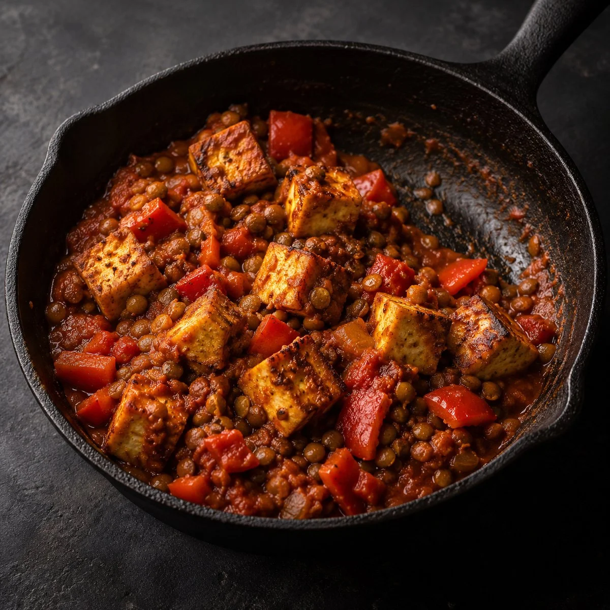 Tofu z soczewicą i papryką w pomidorowym curry