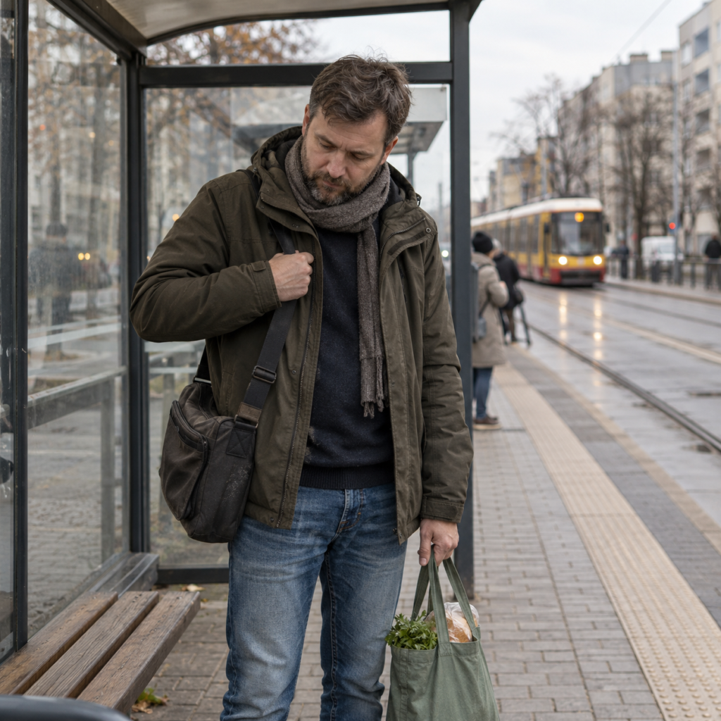 Mężczyzna z torbą i zakupami stoi na osiedlowym przystanku tramwajowym w pochmurny dzień