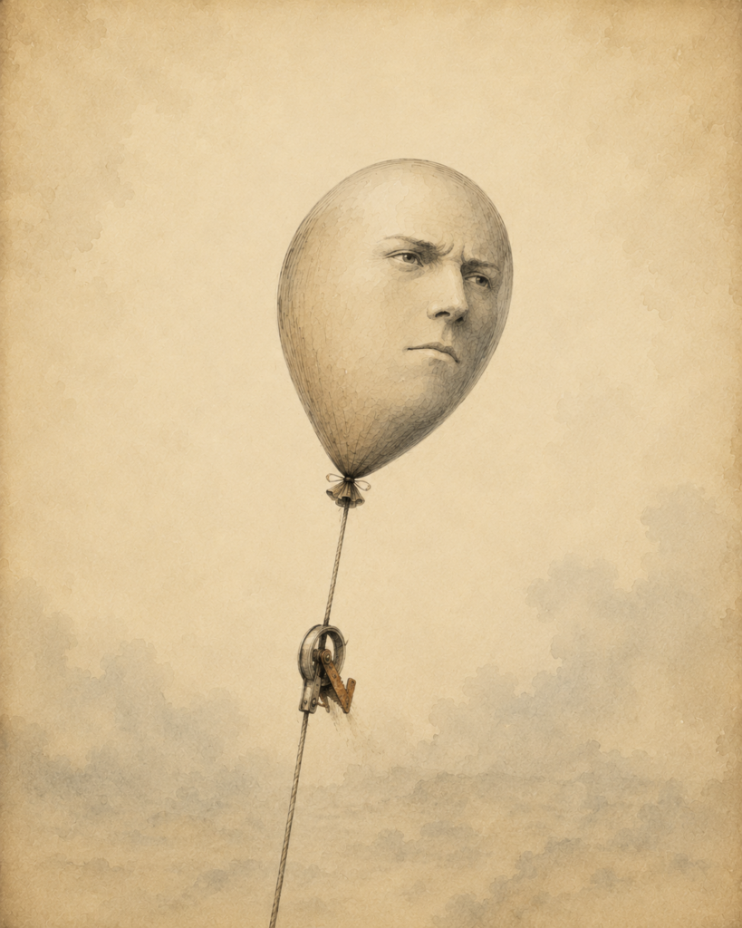 Balon z zaciętą twarzą połączony liną z mechanizmem zaciskowym na beżowym tle