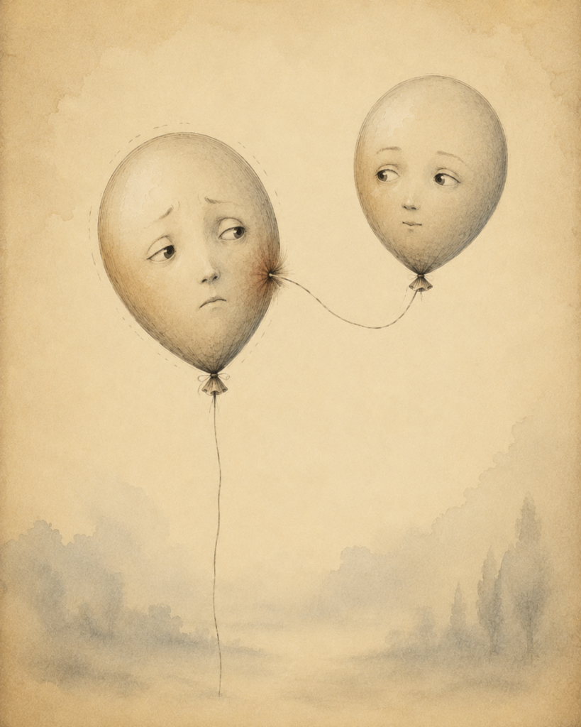 Balon z twarzą z widocznym pęknięciem i drugim balonem w tle na ciepłym beżowym tle
