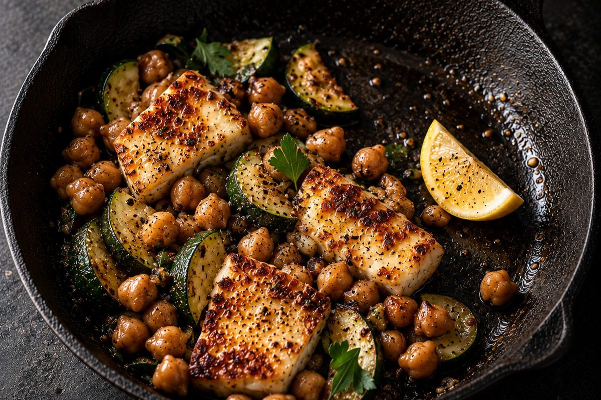 Halloumi z ciecierzycą i cukinią przygotowane na jednej patelni