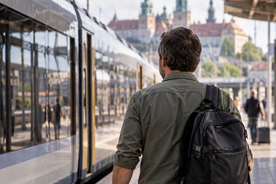 Podróżny na peronie przed weekendowym wyjazdem pociągiem po Polsce