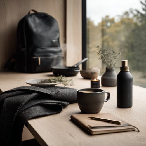 Męska scena przy oknie – kubek kawy, notes, plecak, świeca i naturalne dodatki na drewnianym blacie, symbol codziennych męskich rytuałów.