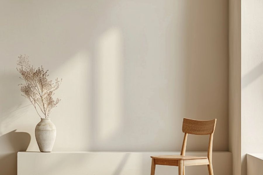 Minimalistyczne wnętrze z jednym drewnianym krzesłem, ciepłym naturalnym światłem i dużą ilością pustej przestrzeni, symbolizujące minimalizm w codziennym życiu